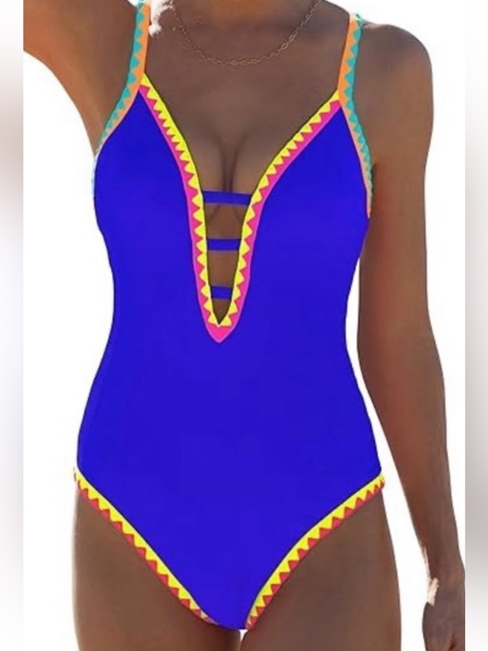 POPVIL NWT S Vibrant Royal Blue neon trim plunge V One-Piece Swimsuit